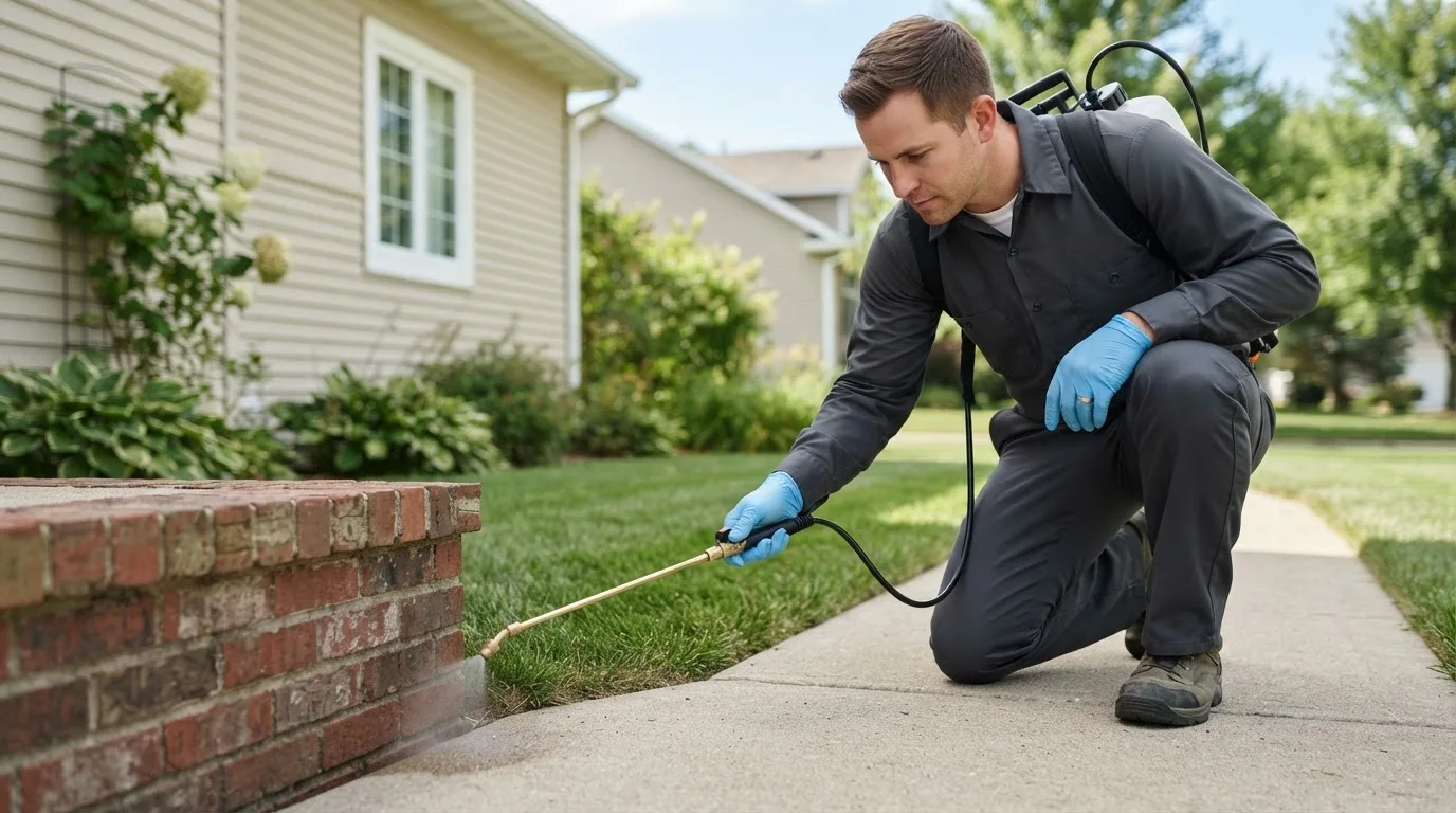 Pest control technician treating a home near Allegan, MI